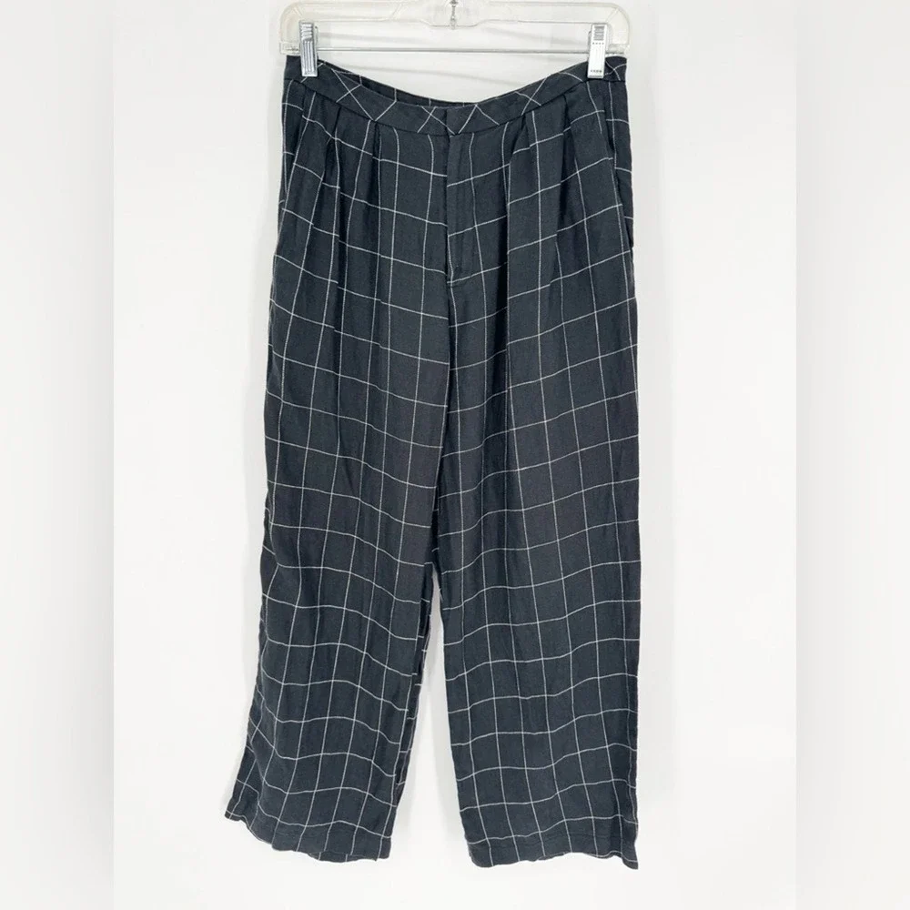 REFORMATION High Rise Windowpane Plaid Linen Trousers Black/White Size‎ S Office